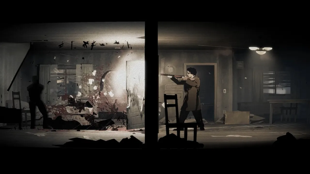 Red Walker firing a revolver at a creature inside a dark room in Silver Pines