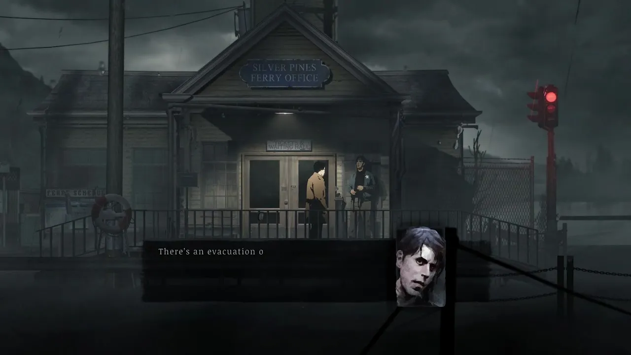 Red Walker outside a lit wooden house at night, a dialogue portrait on screen