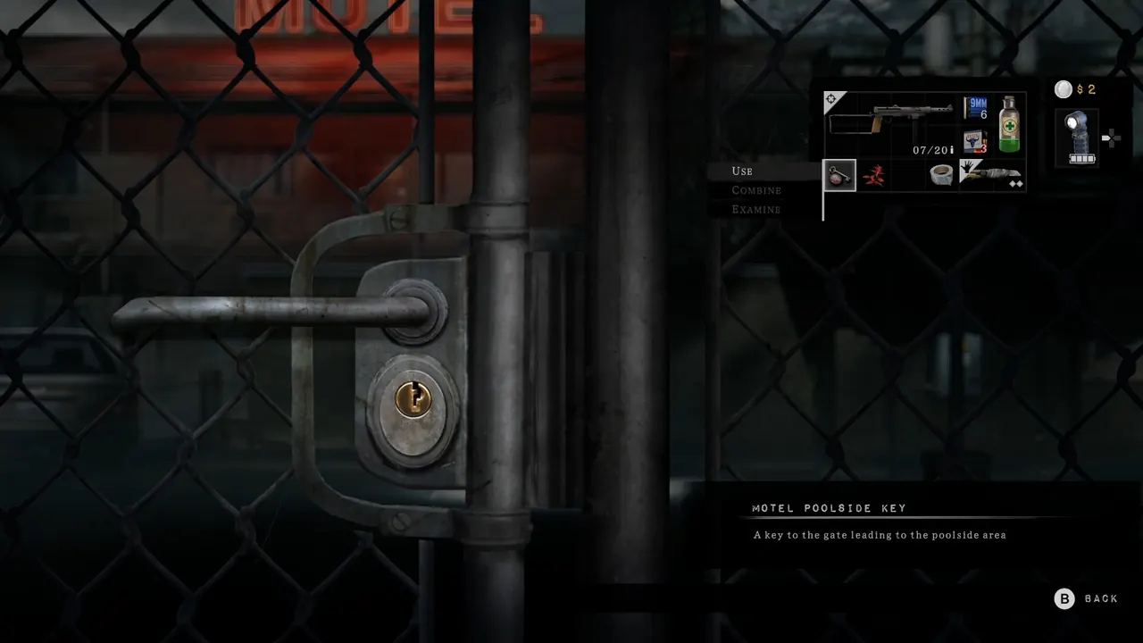 Red Walker unlocking a chain-link gate at the Crimson Bear Motel with the Hotel Poolside Key