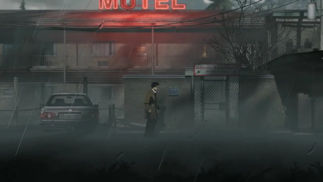 The Crimson Bear Motel car park under its red neon sign