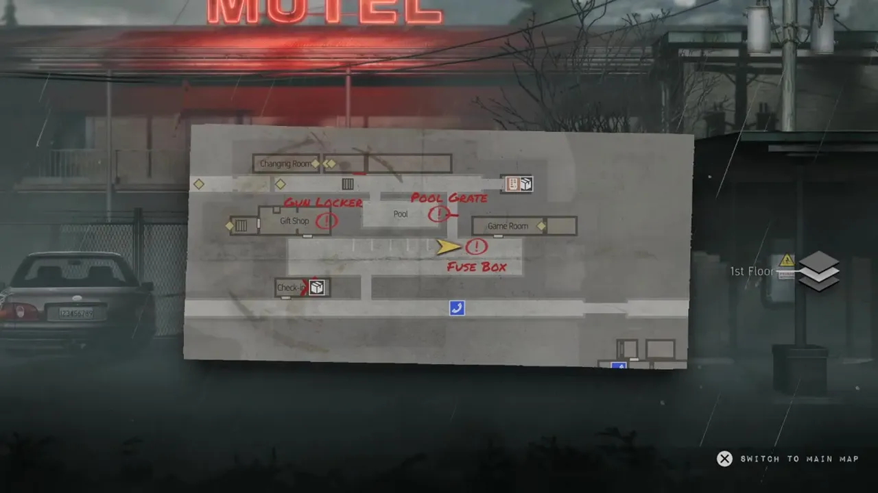 The in-game map of the Crimson Bear Motel opened over the car park
