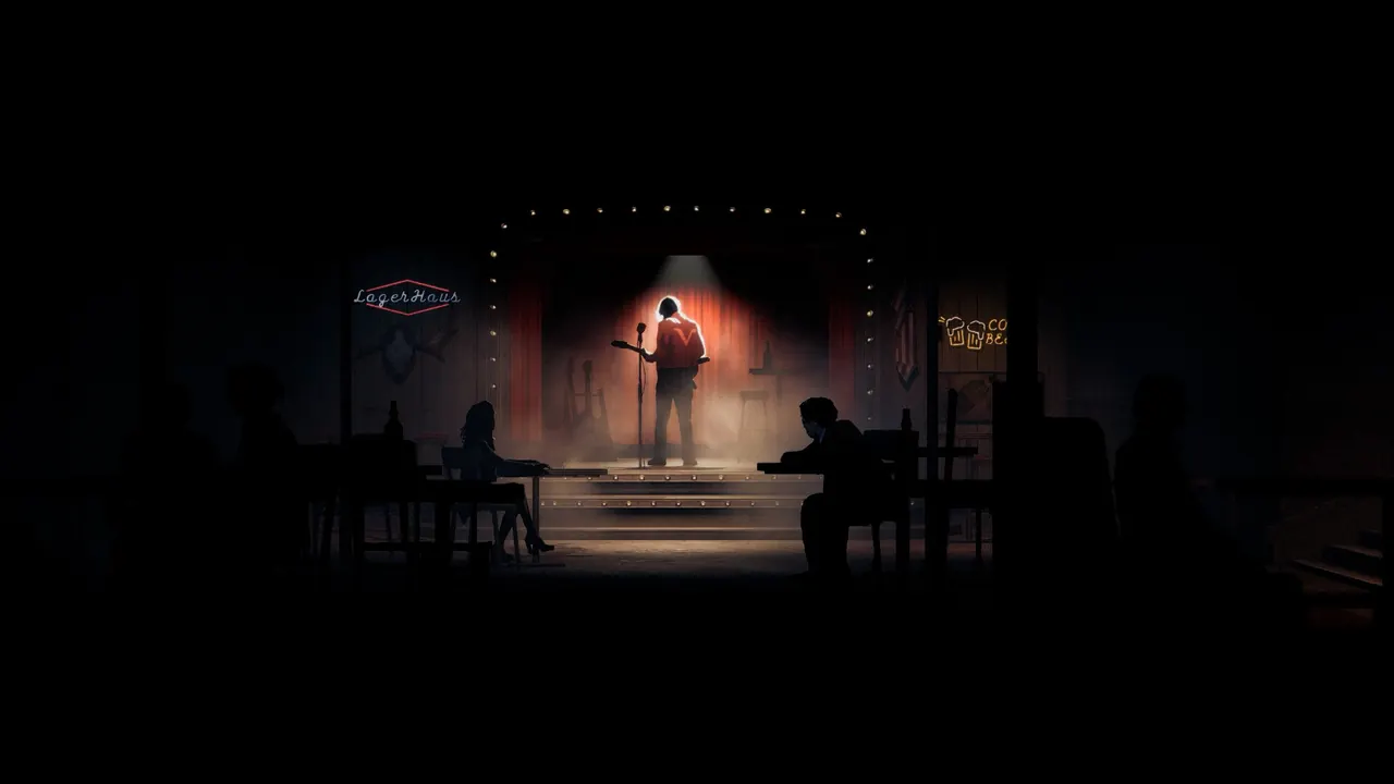 A singer on a red-lit stage in a dark club with silhouetted patrons