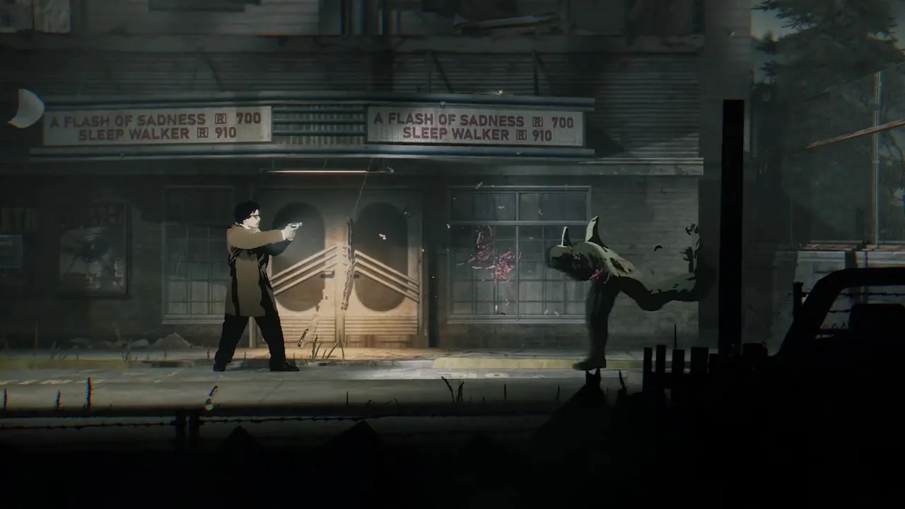 Red Walker 在灰色街道上挥近战武器打怪