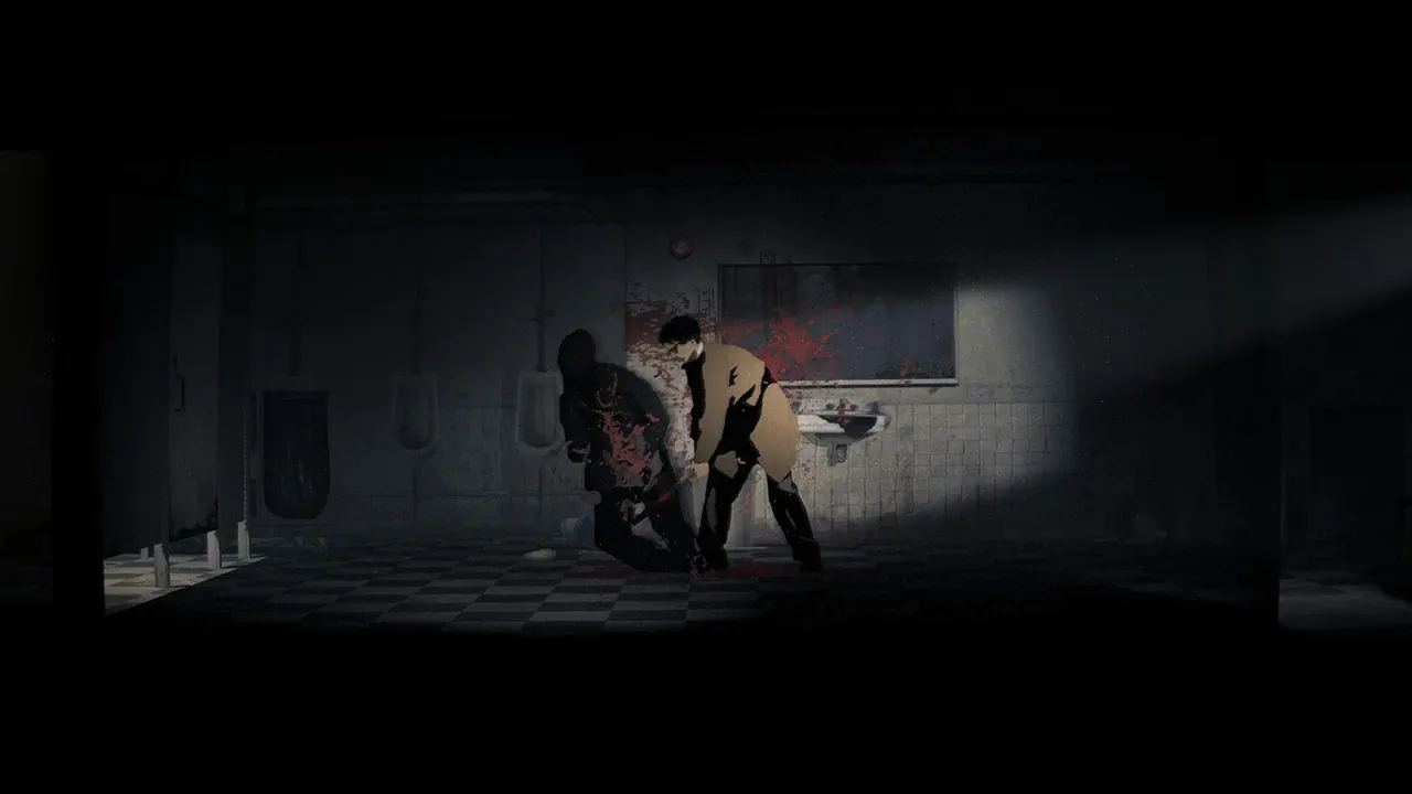 Red Walker grappling with a creature in a dim room